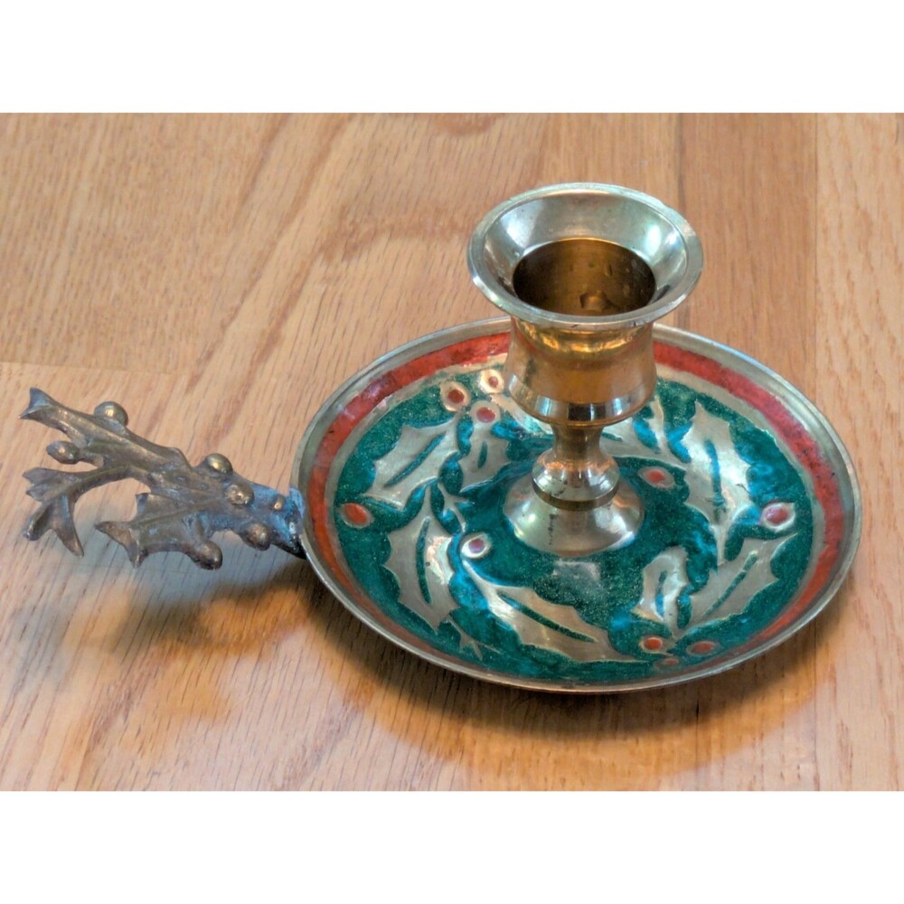 Vintage Enameled Solid Brass Candle Holder Chamber stick Holly Berry